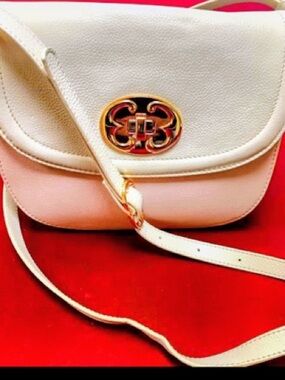 Emma Fox Cream Crossbody Saddle Bag with Gold-Tone Emblem